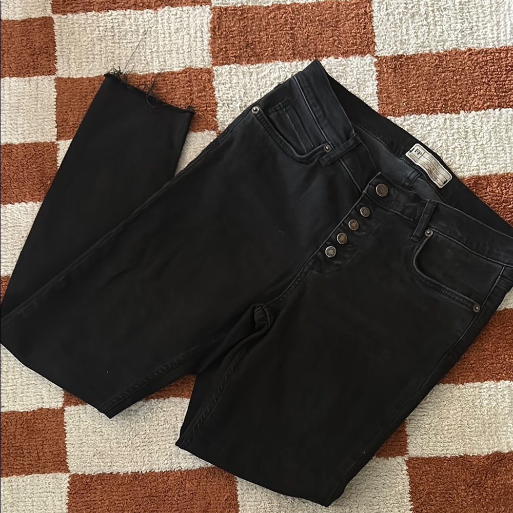 Free People black denim cropped button fly jeans